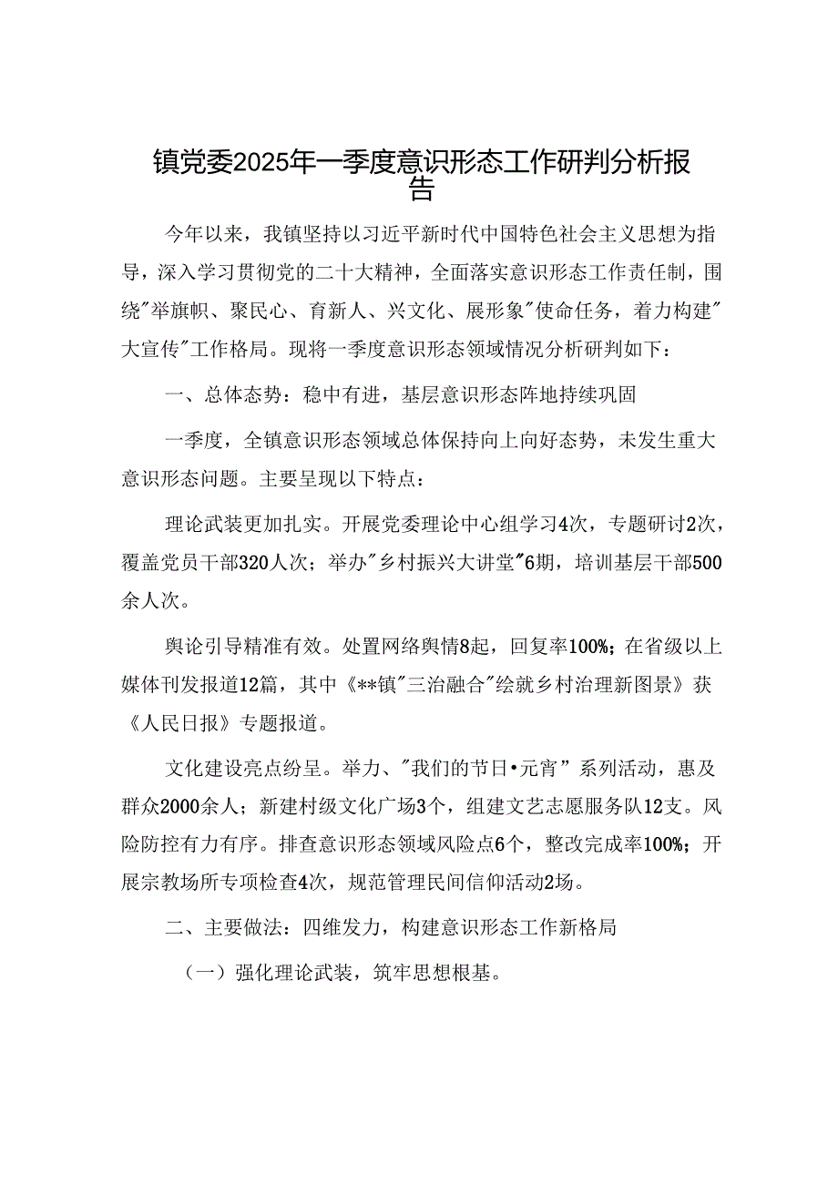 镇党委2025年一季度意识形态工作研判分析报告.docx_第1页