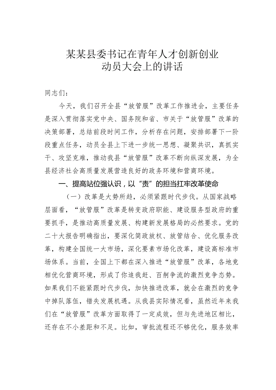 某某县委书记在青年人才创新创业动员大会上的讲话.docx_第1页