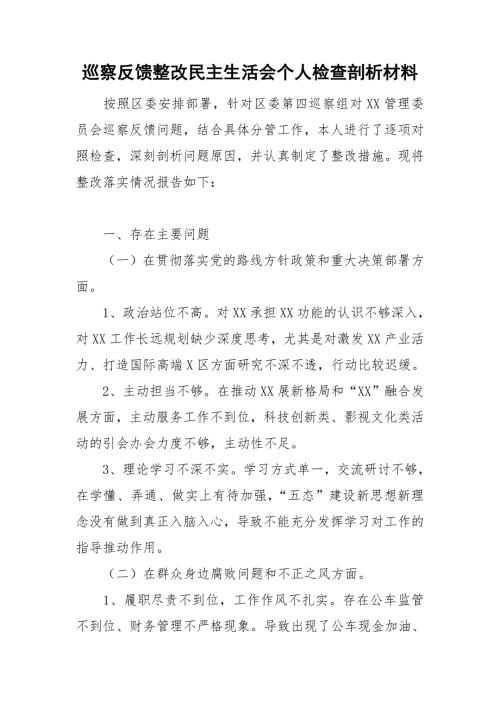 巡察反馈整改民主生活会个人检查剖析材料.doc