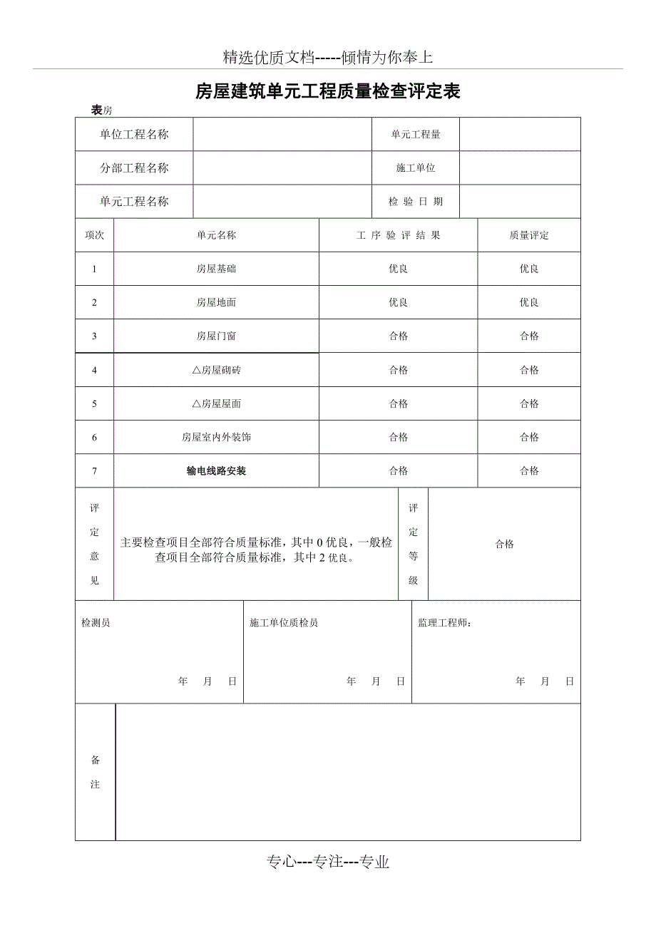 房屋建筑单元工程质量检查评定表共8页.doc_第1页