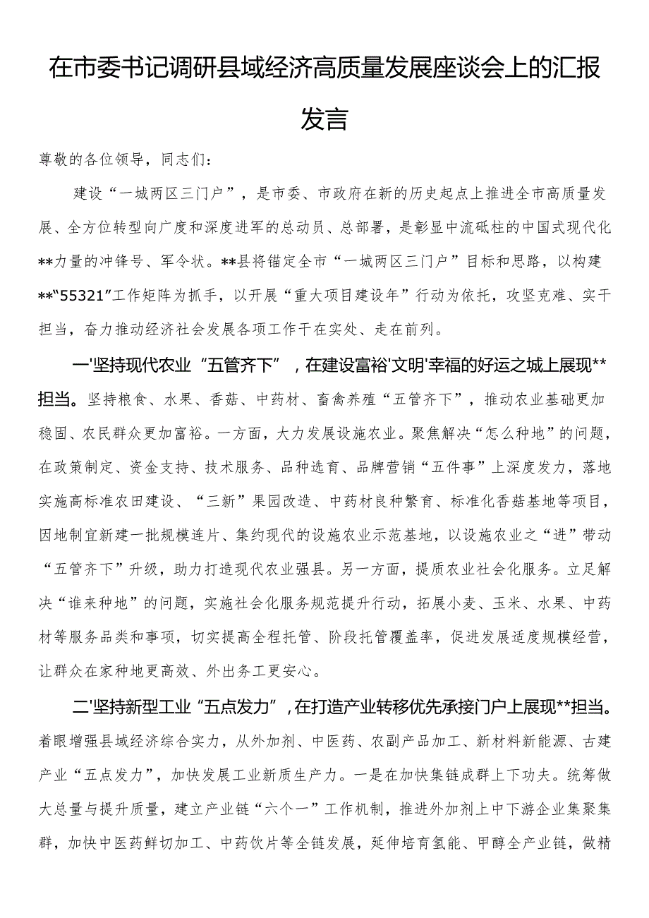 在市委书记调研县域经济高质量发展座谈会上的汇报发言.docx_第1页