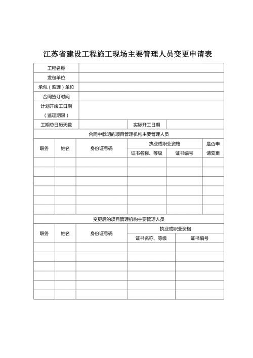 江苏省建设工程施工现场主要管理人员变更申请表.doc