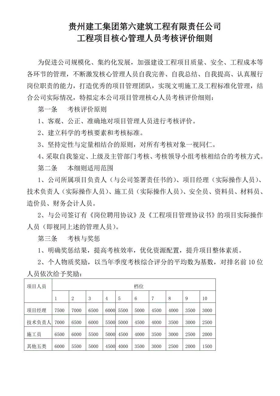 工程项目核心管理人员考核评价细则.doc_第1页