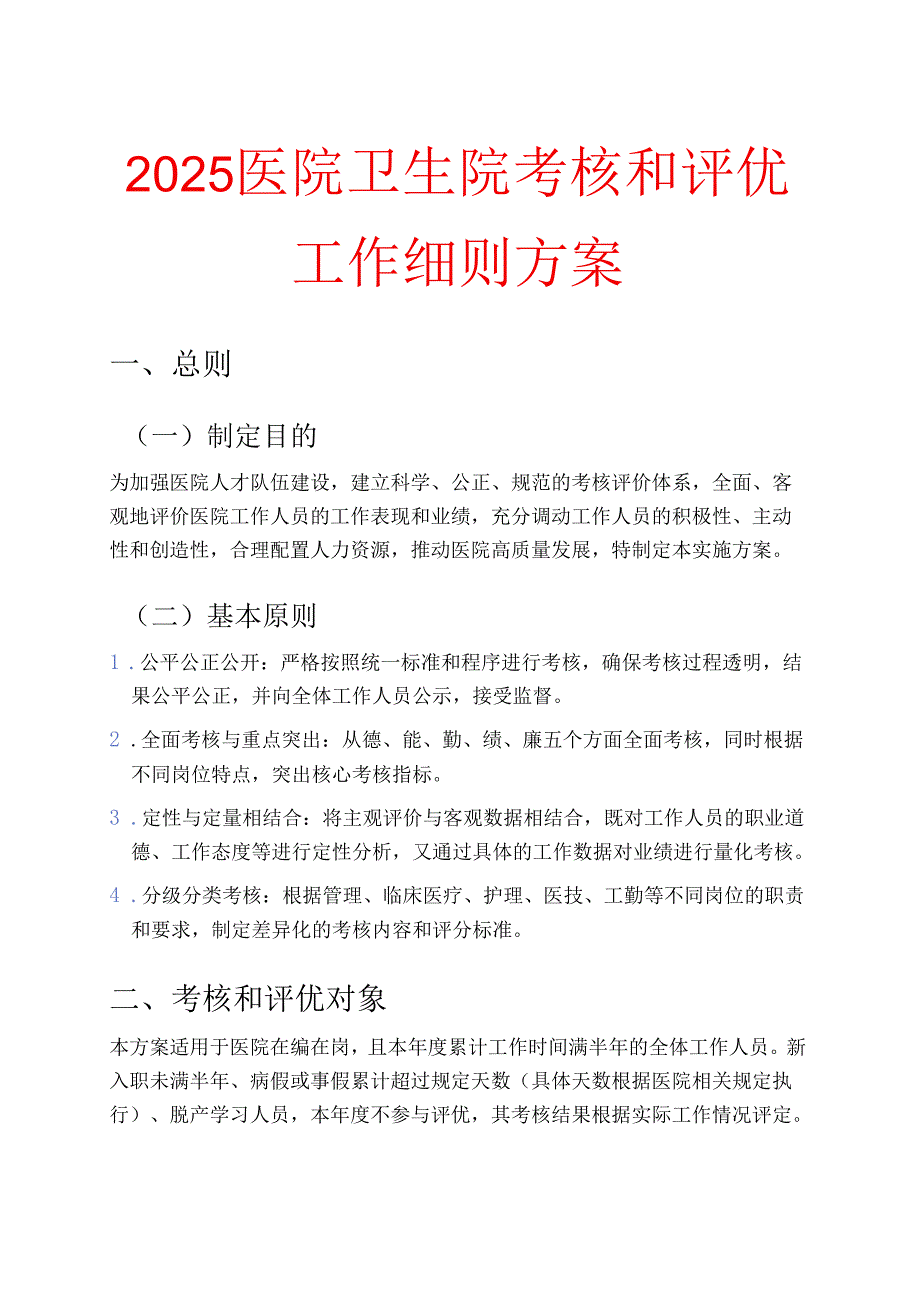 2025医院卫生院考核和评优工作细则方案.docx_第1页