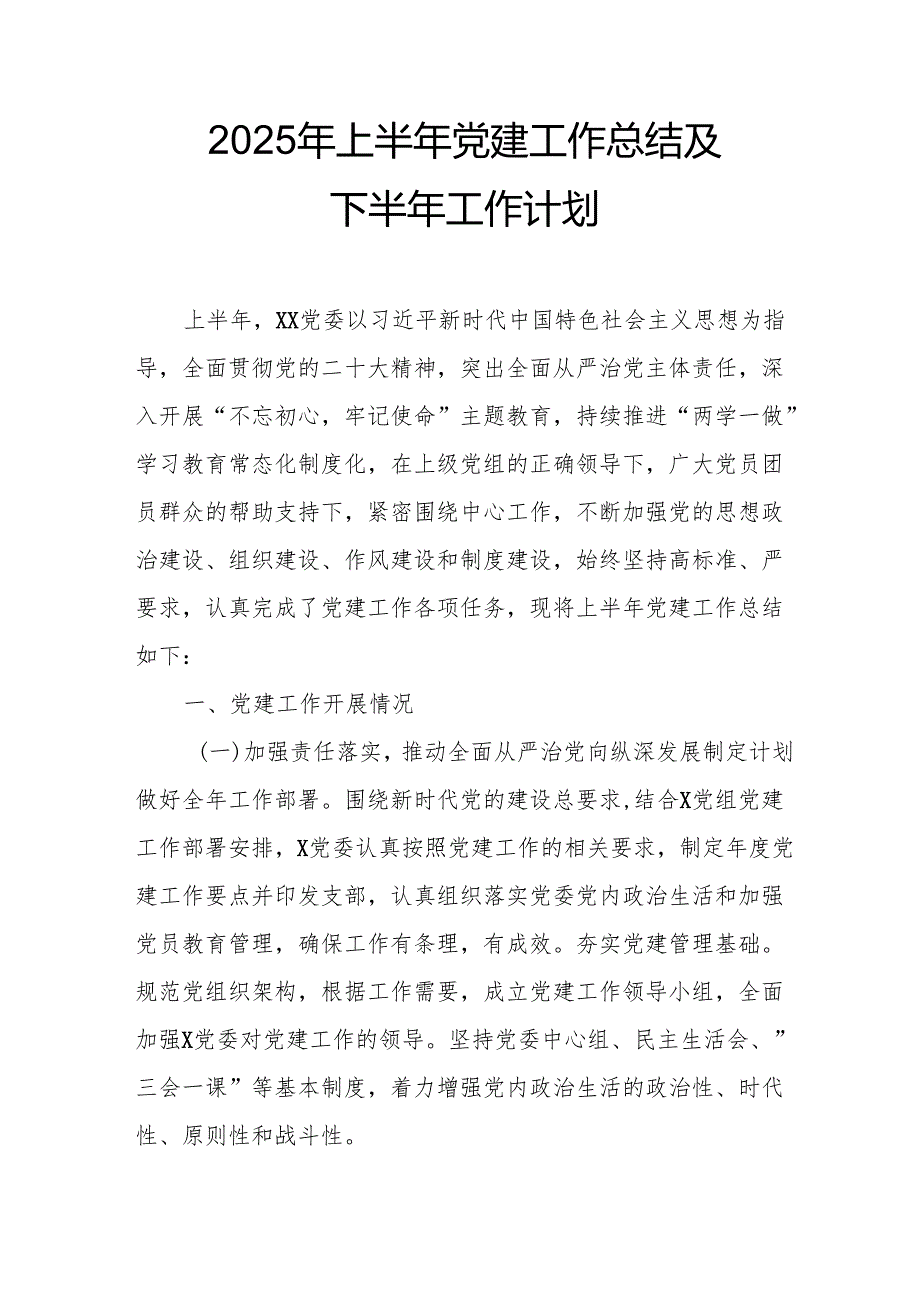 开展2025年上半年《党建工作总结》及下一步工作打算（3份）_69.docx_第1页