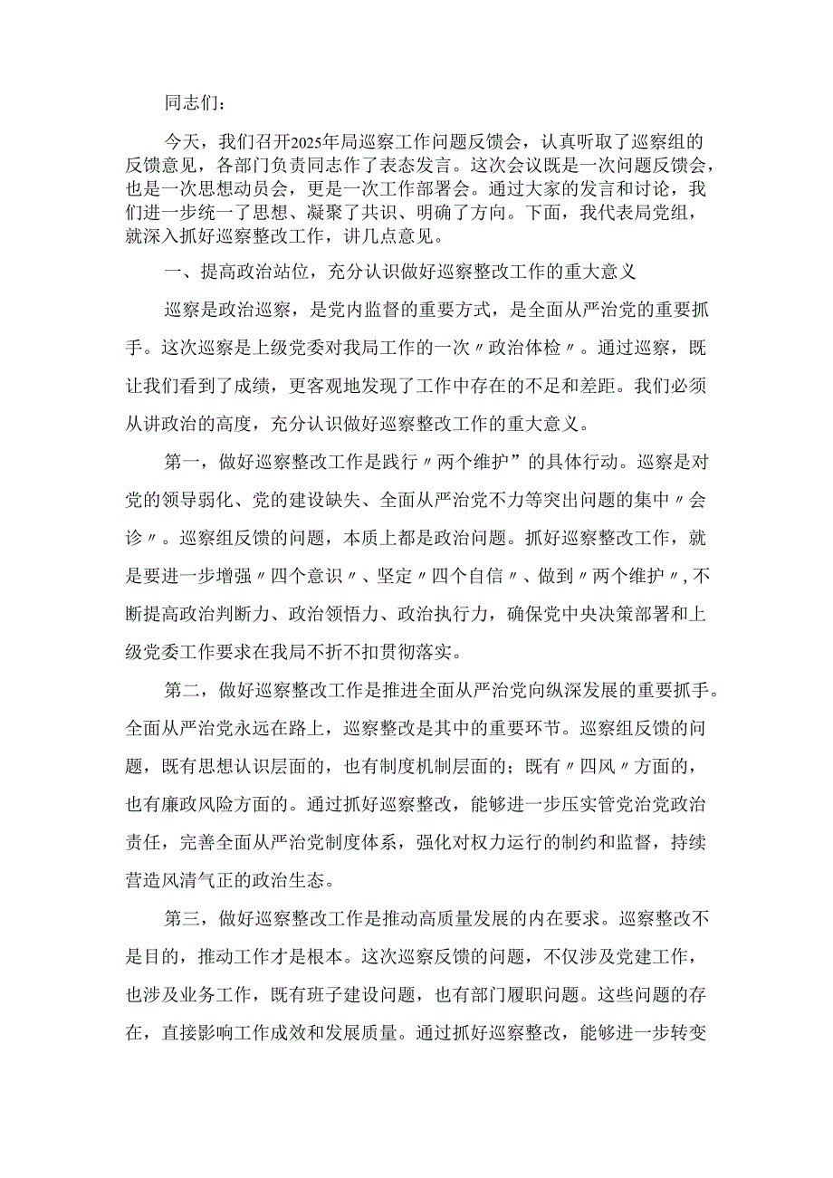 2025年在局巡察工作问题反馈会上的总结讲话.docx_第2页