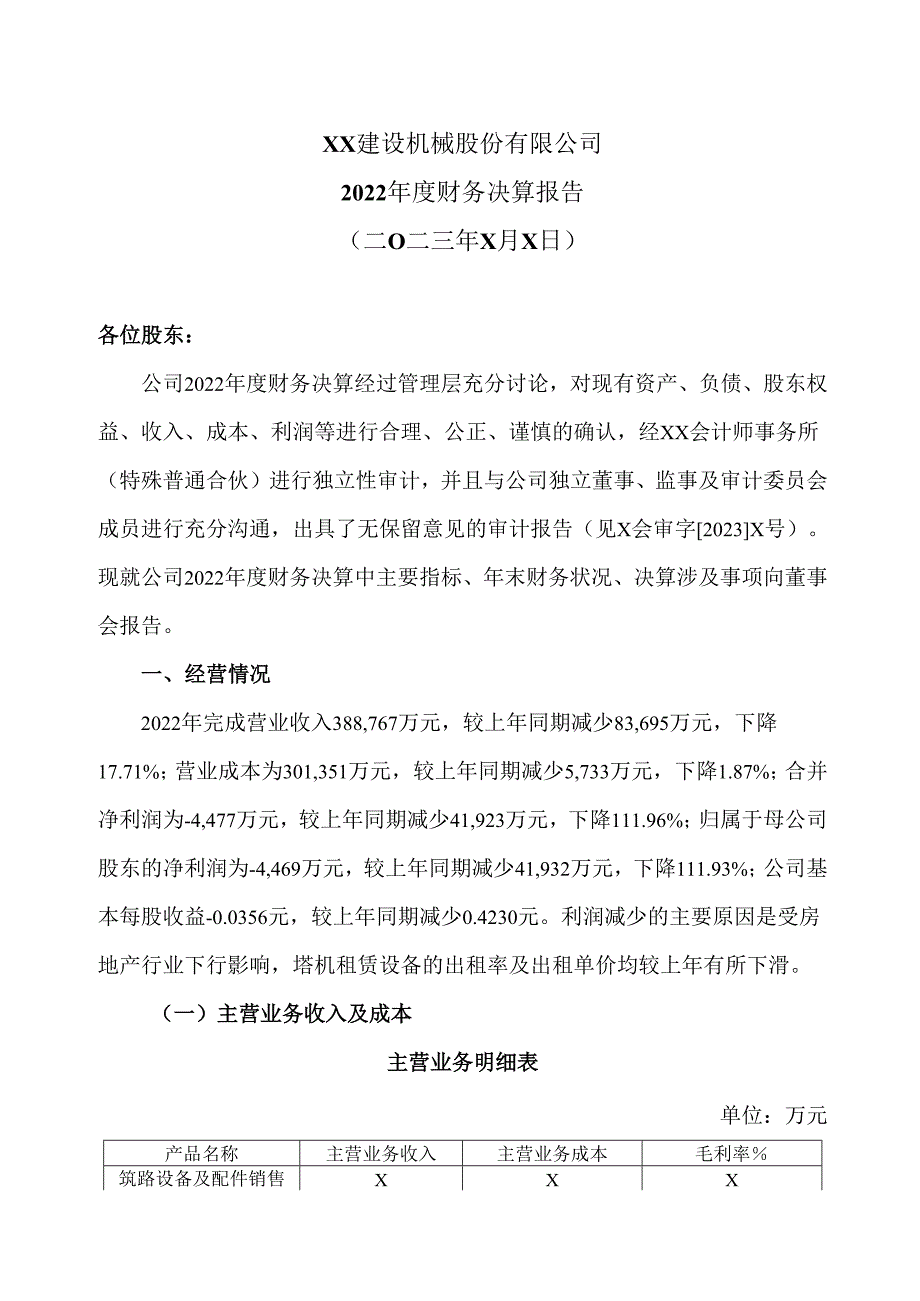 XX建设机械股份有限公司2022财务决算报告（2025年）.docx_第1页
