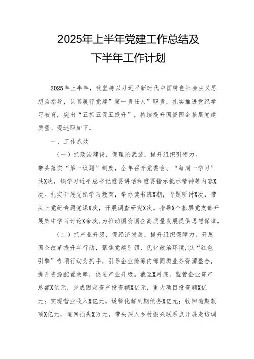 开展2025年上半年《党建工作总结》及下半年工作计划（合计10份）.docx