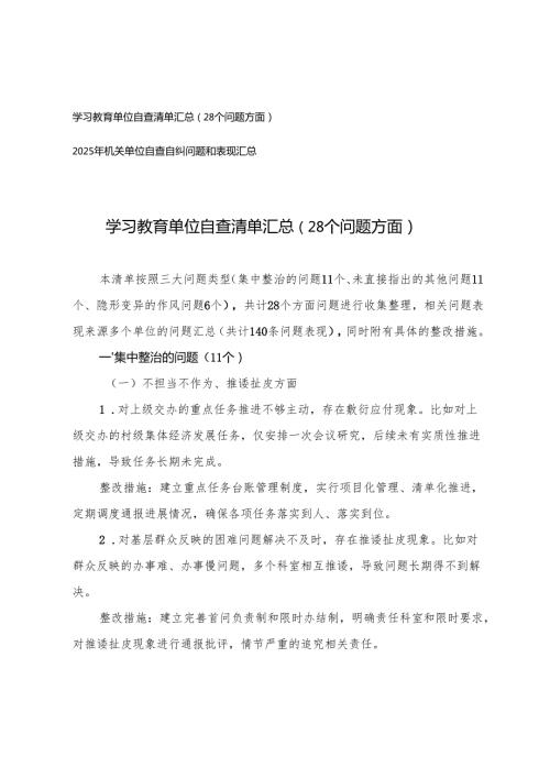 学习教育单位自查清单汇总（28个问题方面）+2025年机关单位自查自纠问题和表现.docx
