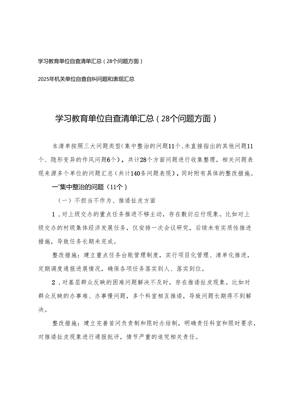 学习教育单位自查清单汇总（28个问题方面）+2025年机关单位自查自纠问题和表现.docx_第1页