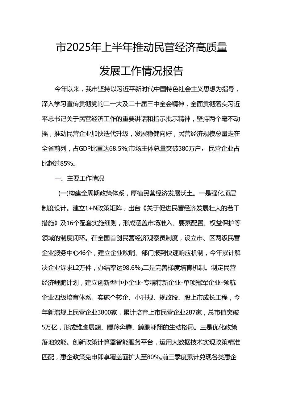 市2025年上半年推动民营经济高质量发展工作情况报告.docx_第1页