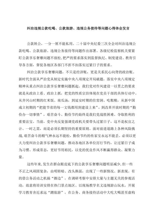 纠治违规公款吃喝、公款旅游、违规公务接待等问题心得体会发言（共5篇）.docx