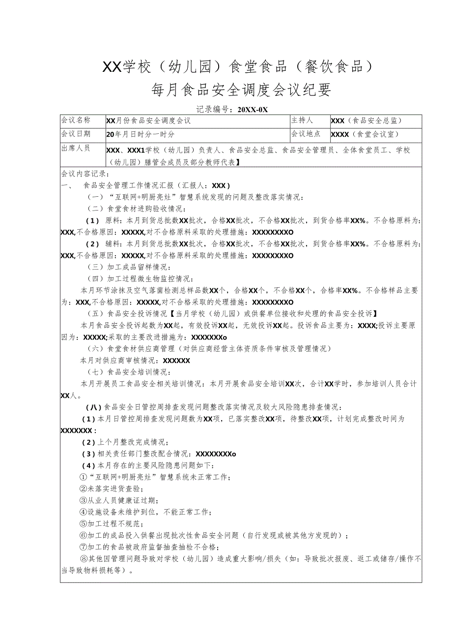 XX学校（幼儿园）食堂食品（餐饮食品）每月食品安全调度会议纪要及填写示例范例.docx_第1页