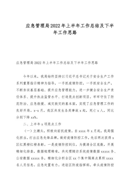 应急管理局2022年上半年工作总结及下半年工作思路.docx