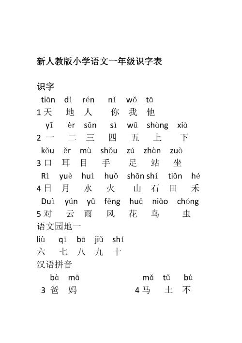 新人教版小学语文一年级上册识字表.docx