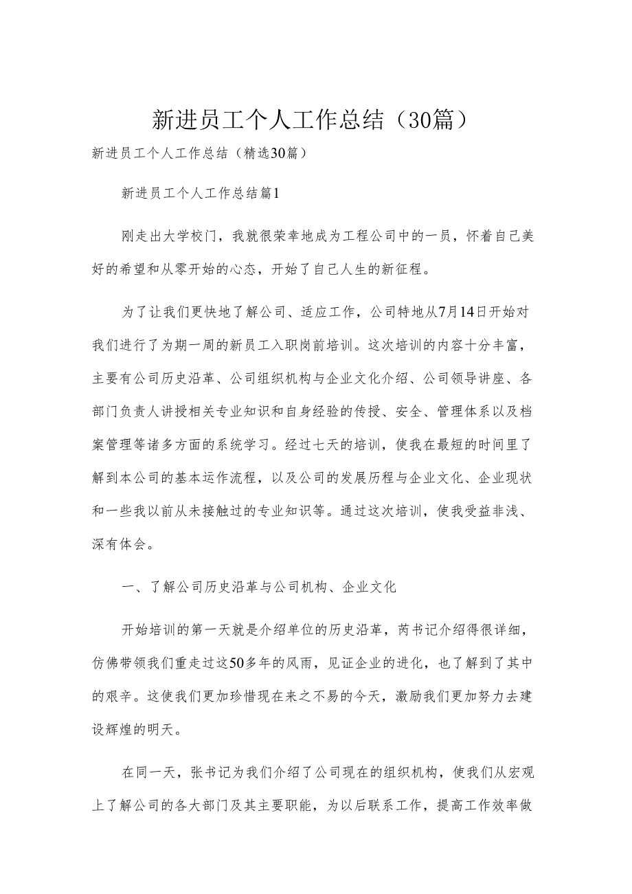 新进员工个人工作总结（30篇）.docx_第1页