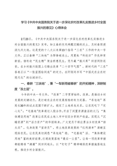 (四篇)学习《中共中央国务院关于进一步深化农村改革扎实推进乡村全面振兴的意见》心得体会（精编版）.docx