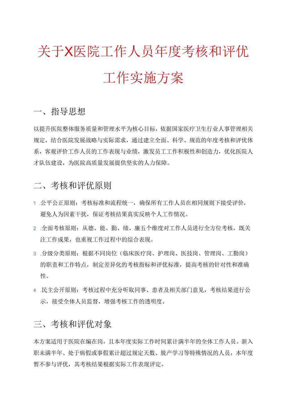 关于X医院工作人员考核和评优工作实施方案.docx_第1页