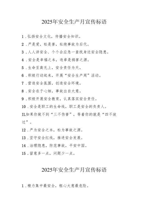 2025年全国《安全生产月》活动宣传标语 （5份）91.docx