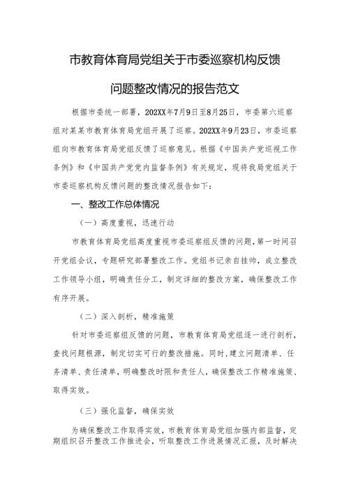 2025年教育体育主管单位党组关于市委巡察机构反馈问题整改情况的报告范文.docx