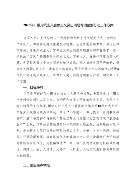 (四篇)2025年开展形式主义官僚主义突出问题专项整治行动工作方案（集合）.docx