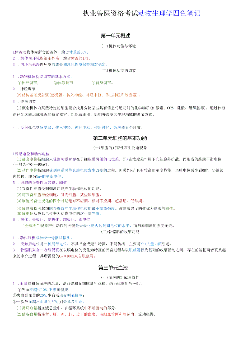 执业兽医资格考试：动物生理学四色笔记.docx_第1页