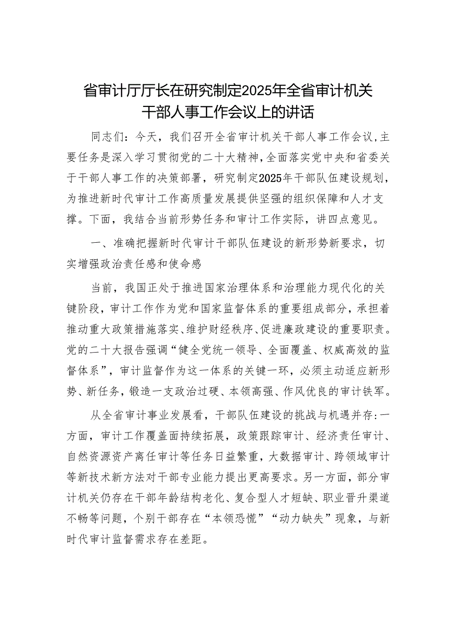 省审计厅厅长在研究制定2025年全省审计机关干部人事工作会议上的讲话.docx_第1页