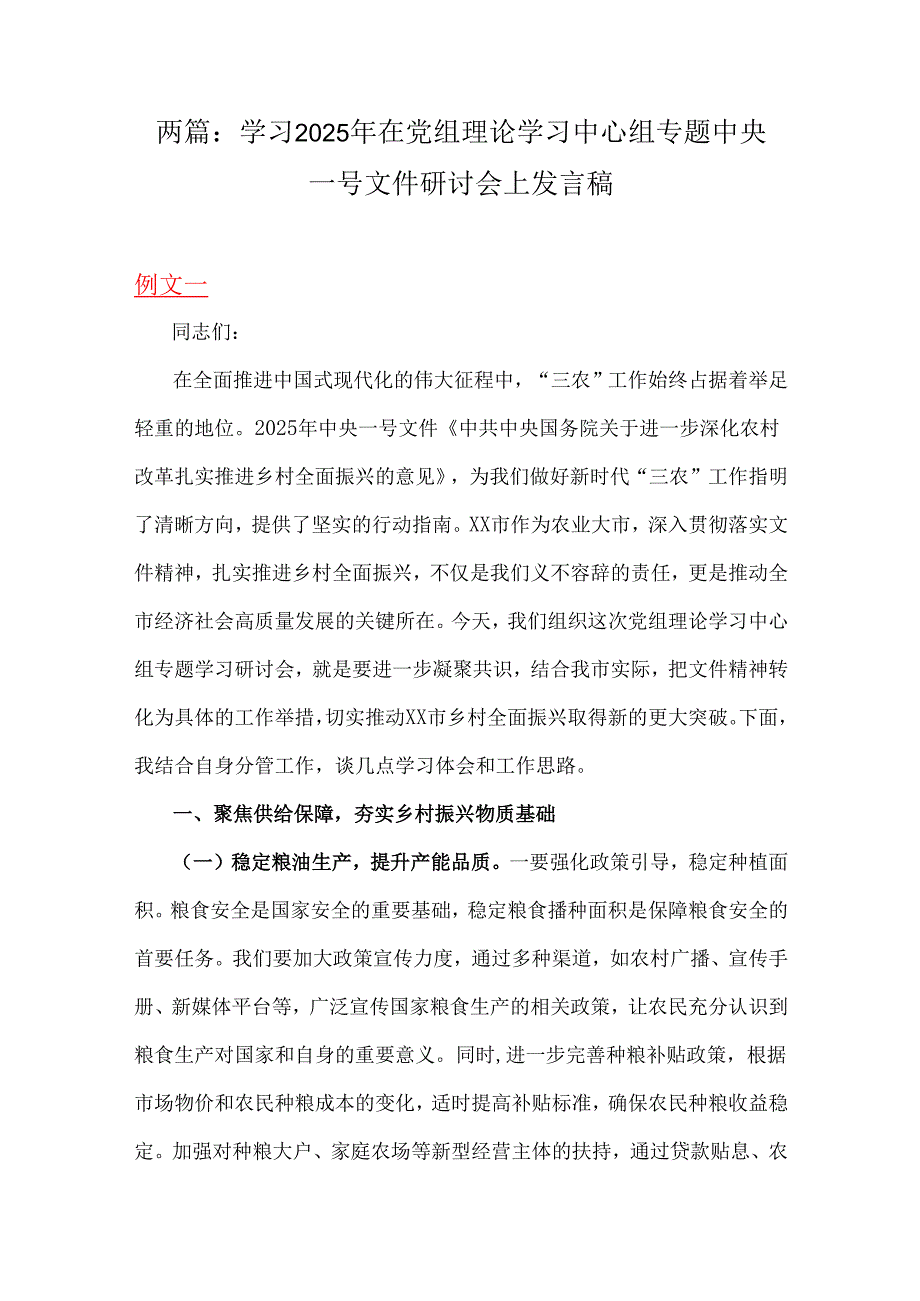 两篇：学习2025年在党组理论学习中心组专题中央一号文件研讨会上发言稿.docx_第1页