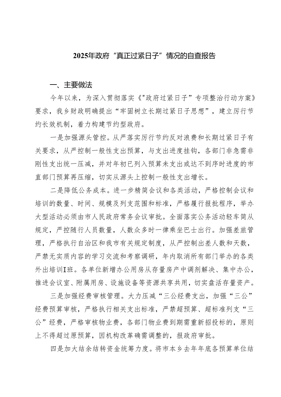2025年政府“真正过紧日子”情况的自查报告精选（5篇）.docx_第1页