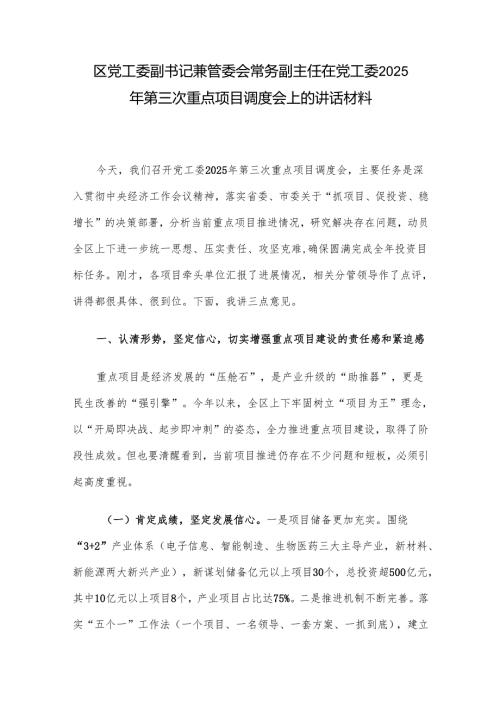 区党工委副书记兼管委会常务副主任在党工委2025年第三次重点项目调度会上的讲话材料.docx