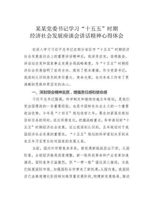某某党委书记学习“十五五”时期经济社会发展座谈会讲话精神心得体会.docx