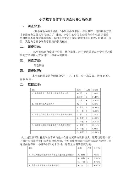 小学数学合作学习调查问卷分析报告.doc