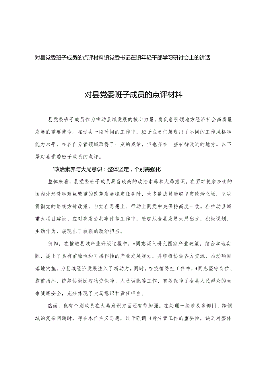 2025年对县党委班子成员的点评材料+镇党委书记在镇年轻干部学习研讨会上的讲话.docx_第1页