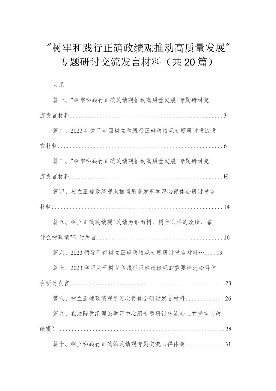 树牢和践行正确政绩观推动高质量发展专题研讨交流发言材料20篇最新精选.docx_第1页