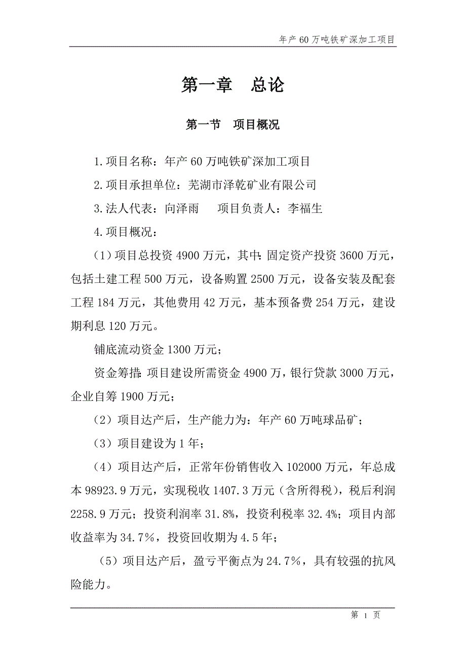 年产60万吨铁矿深加工项目可行性研究报告10.doc_第1页