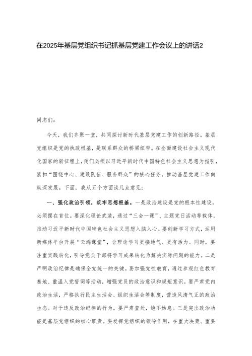 在2025年基层党组织书记抓基层党建工作会议上的讲话2篇.docx