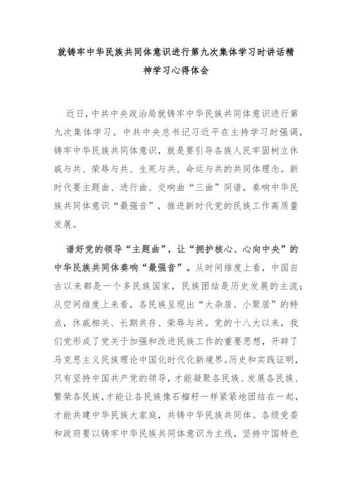 就铸牢中华民族共同体意识进行第九次集体学习时讲话精神学习心得体会2篇.docx