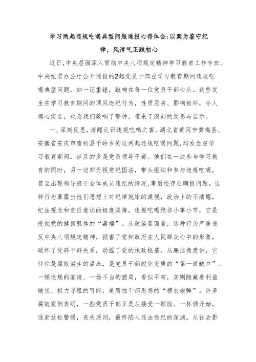 学习两起违规吃喝典型问题通报心得体会 以案为鉴守纪律风清气正践初心.docx