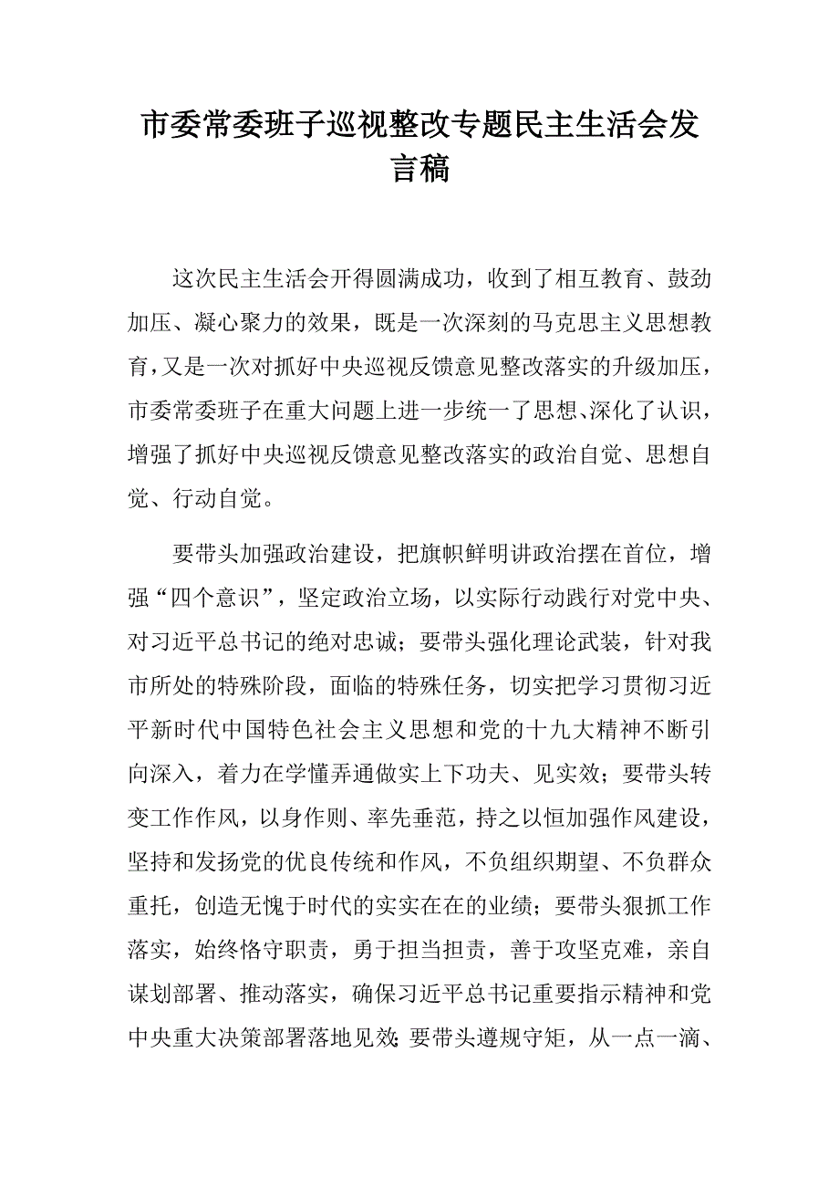 市委常委班子巡视整改专题民主生活会发言稿两篇.docx_第1页