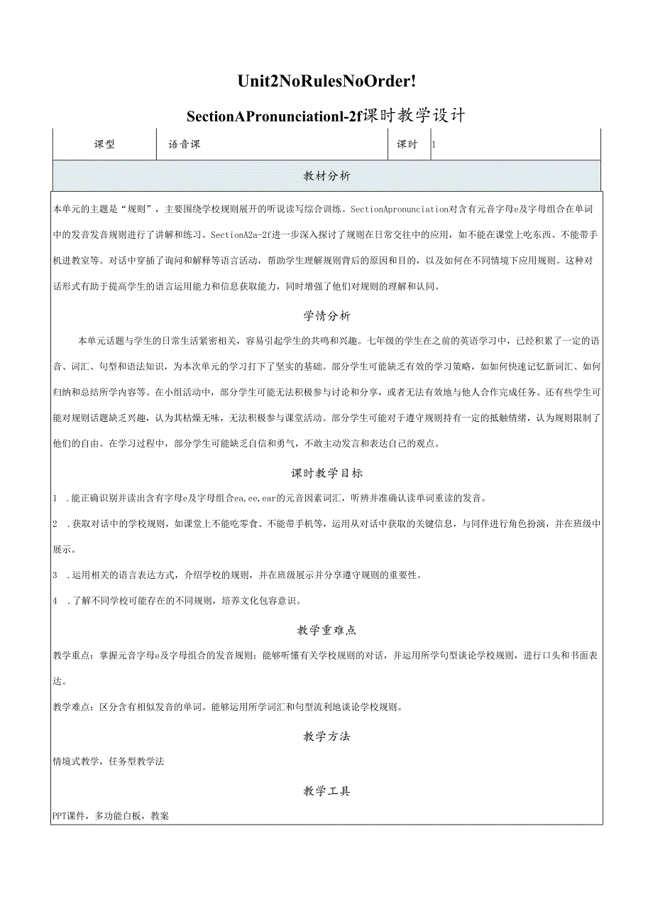 人教版七年级下册Unit 2 No Rules No Order ! Pronunciation 12f新课标公开课教学设计.docx_第1页