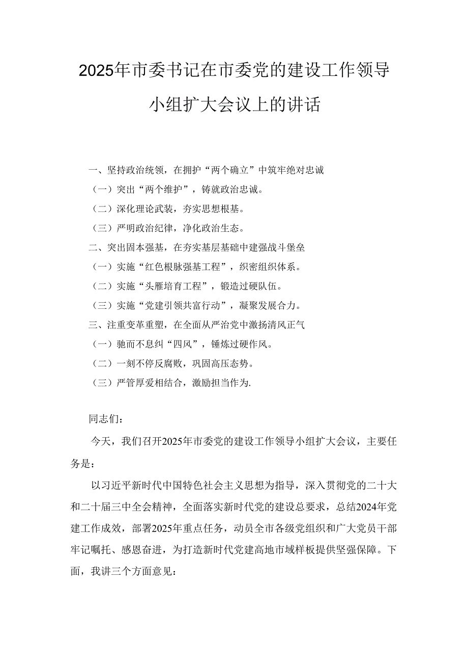 2025年市委书记在市委党的建设工作领导小组扩大会议上的讲话.docx_第1页