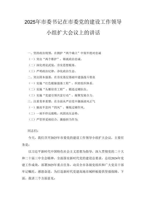 2025年市委书记在市委党的建设工作领导小组扩大会议上的讲话.docx