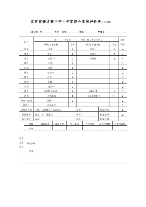 江苏省普通高中学生学期综合素质评价表学期表.doc
