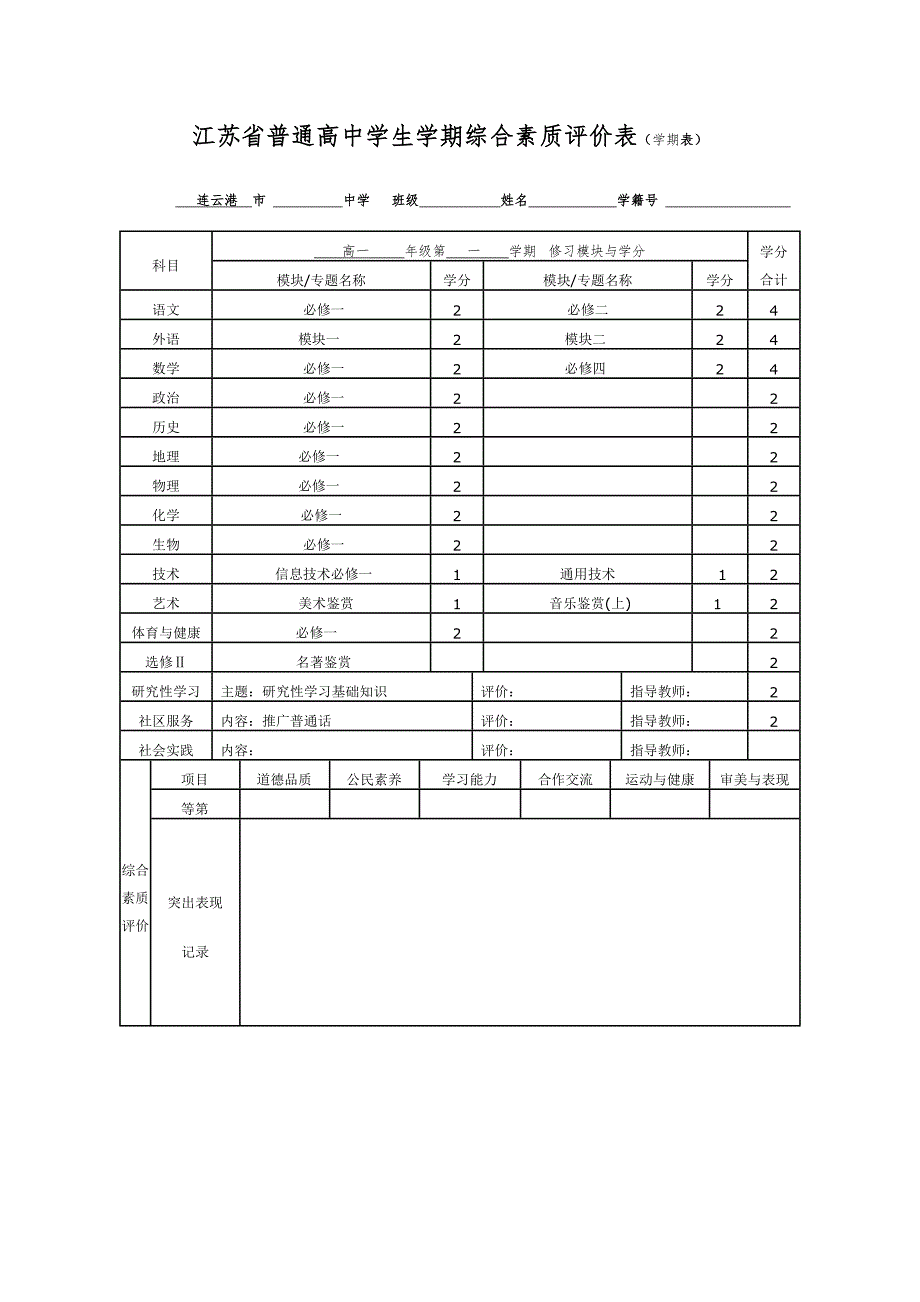 江苏省普通高中学生学期综合素质评价表学期表.doc_第1页