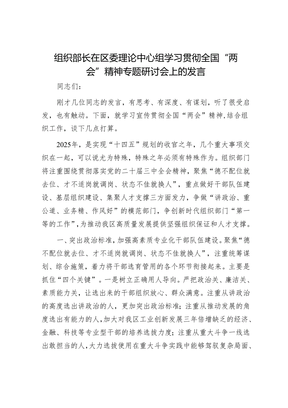 2025年理论中心组专题研讨会上的发言材料精选两篇合辑（组织部+发改委）.docx_第1页