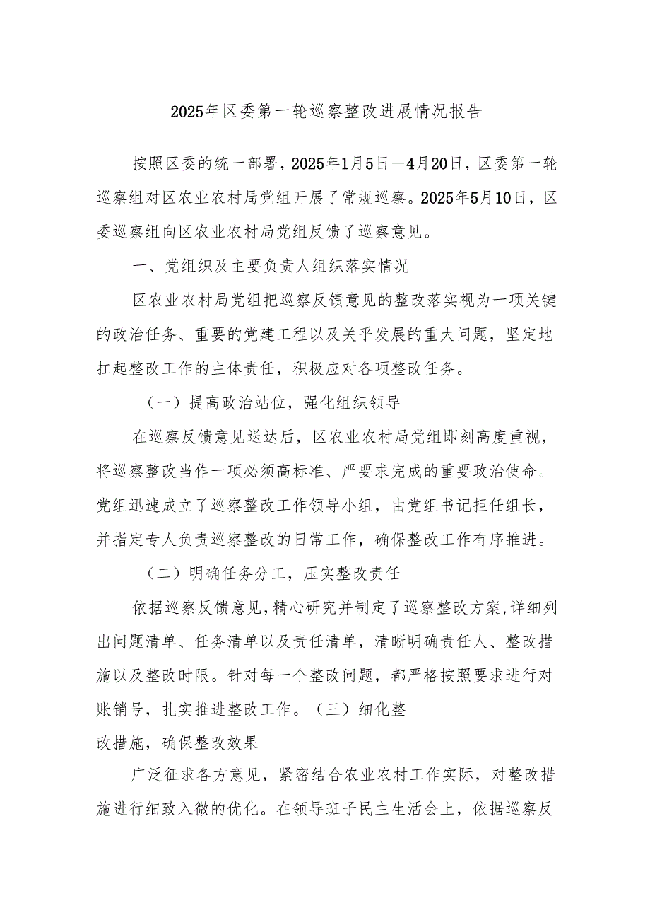 2025年区委第一轮巡察整改进展情况报告.docx_第1页