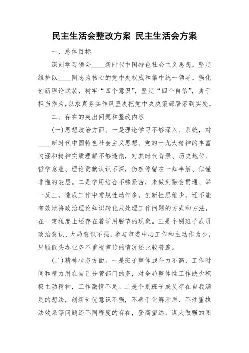 民主生活会整改方案民主生活会方案.doc