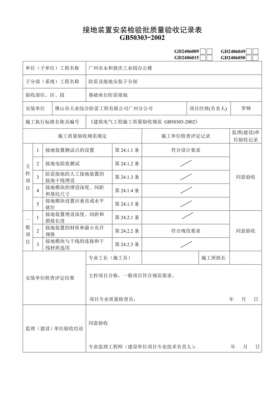 接地装置安装检验批质量验收记录表.doc_第1页