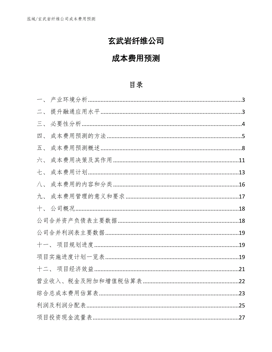 玄武岩纤维公司成本费用预测参考.docx_第1页