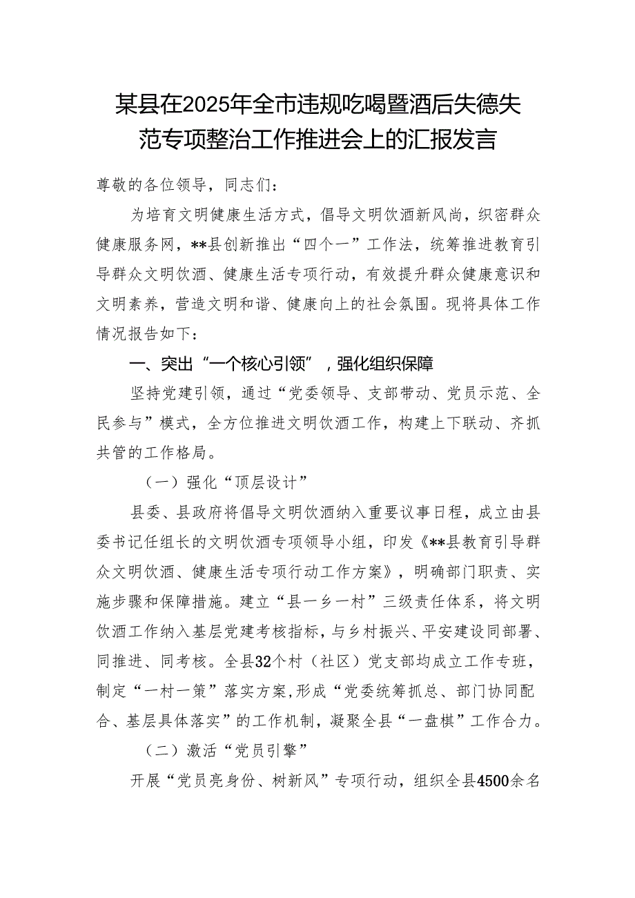 某县在2025年全市违规吃喝暨酒后失德失范专项整治工作推进会上的汇报发言.docx_第1页